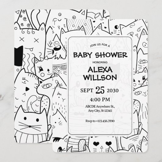 Invitation Baby shower de chats de gribouillis noirs et blanc (Devant / Derrière)