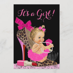 Invitation Baby shower de chaussure de Leopard rose chaud