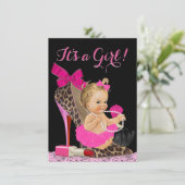 Invitation Baby shower de chaussure Leopard rose chaud (Debout devant)