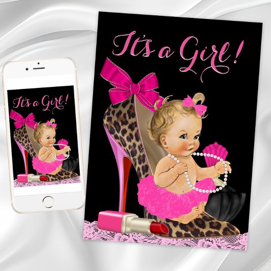 Invitation Baby shower de chaussure Leopard rose chaud