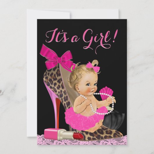 Invitation Baby shower de chaussure Leopard rose chaud (Devant)
