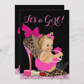 Invitation Baby shower de chaussure Leopard rose chaud (Devant / Derrière)