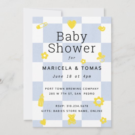 Invitation Baby shower de chèque bleu et jaune (Devant)