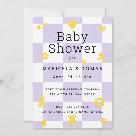 Invitation Baby shower de chèque violet et jaune (Devant)