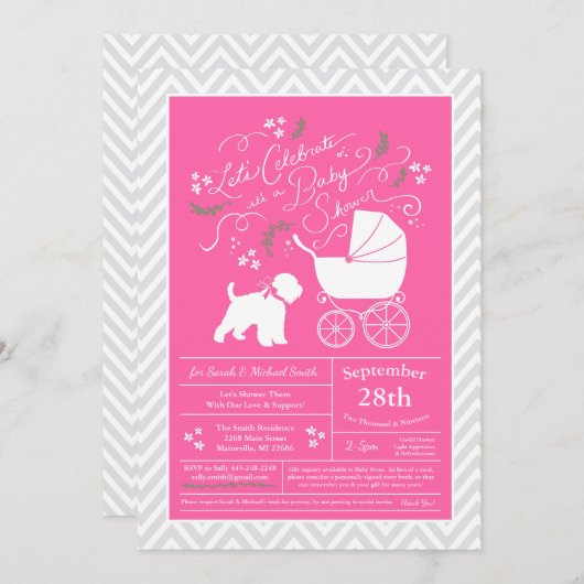 Invitation Baby shower de chien de Terrier à roulettes fille (Devant / Derrière)