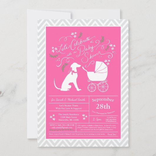 Invitation Baby shower de Chien gris rose (Devant)