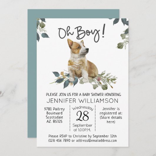 Invitation Baby shower de chien Oh mon garçon ! Corgi Puppy (Devant / Derrière)