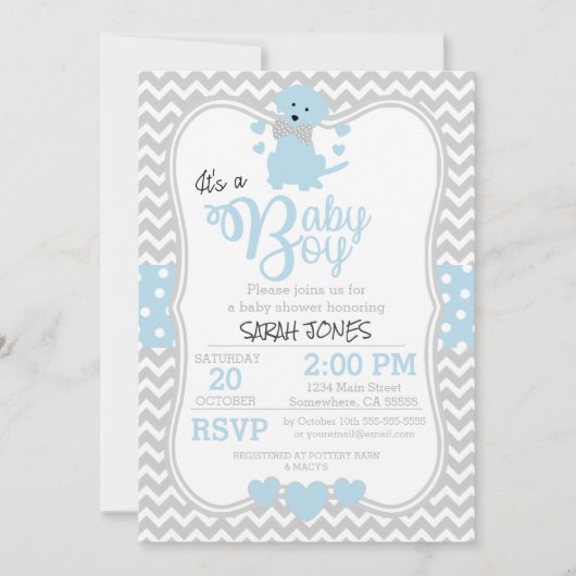 Invitation Baby shower de chiot bleu bébé (Devant)