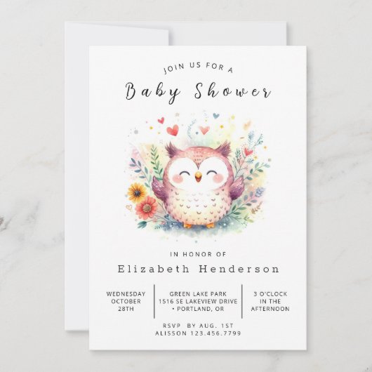 Invitation Baby shower de Chouette éditable de la forêt (Devant)