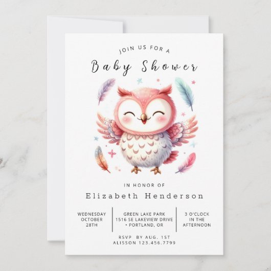 Invitation Baby shower de Chouette modifiable moderne (Devant)