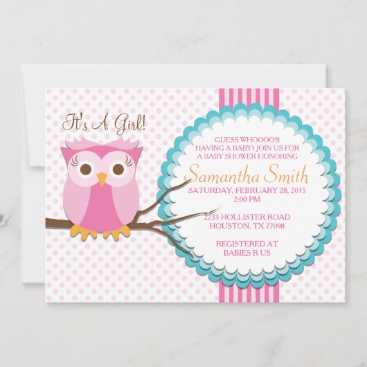 Invitation Baby shower de Chouette rose (Devant)