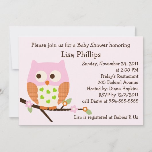 Invitation Baby shower de Chouette rose (Devant)