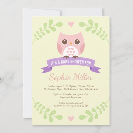 Invitation Baby shower de Chouette rose (Devant)