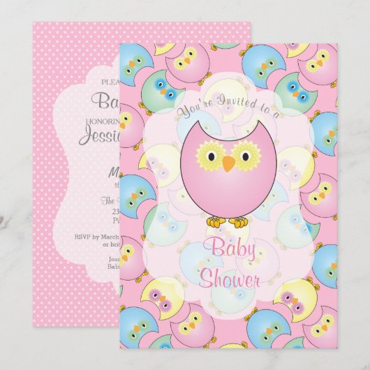 Invitation Baby shower de Chouette rose Pastel (Devant / Derrière)