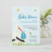 Invitation Baby shower de cigogne bleu clair (Debout devant)