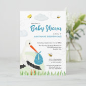 Invitation Baby shower de cigogne bleue mignonne (Debout devant)