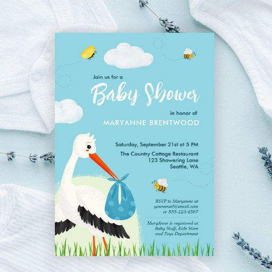 Invitation Baby shower de cigogne bleue mignonne