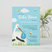 Invitation Baby shower de cigogne bleue mignonne (Debout devant)