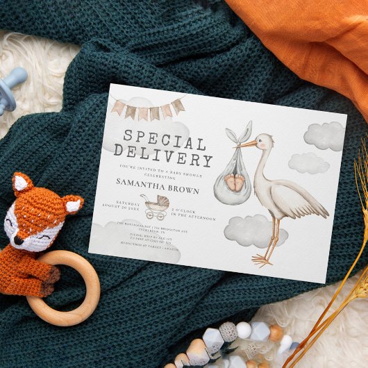 Invitation Baby shower de cigogne élégant à aquarelle