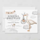 Invitation Baby shower de cigogne élégant à aquarelle (Devant)