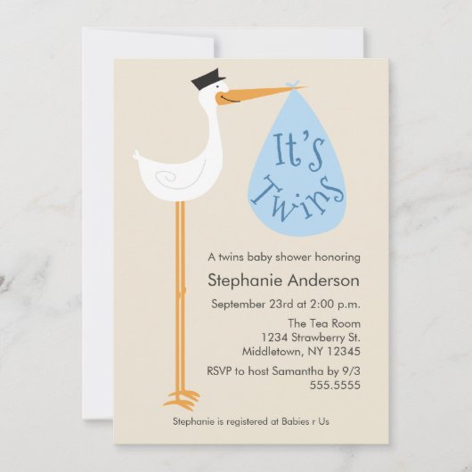 Invitation Baby shower de cigogne moderne - Jumeau (Devant)