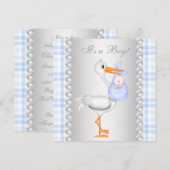 Invitation Baby shower de cigogne Pearls Blue En vichy (Devant / Derrière)
