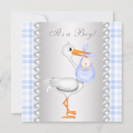 Invitation Baby shower de cigogne Pearls Blue En vichy (Devant)