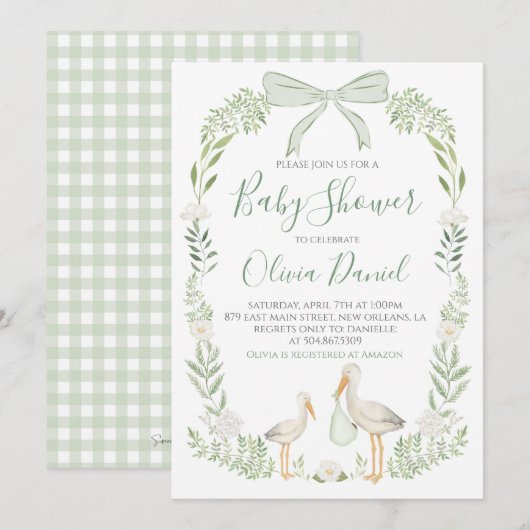 Invitation Baby shower de cigogne Preppy Coquette Sage Green (Devant / Derrière)
