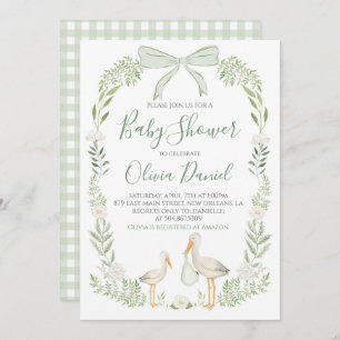 Invitation Baby shower de cigogne Preppy Coquette Sage Green