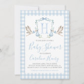 Invitation Baby shower de cigogne Preppy En vichy bleu (Devant)