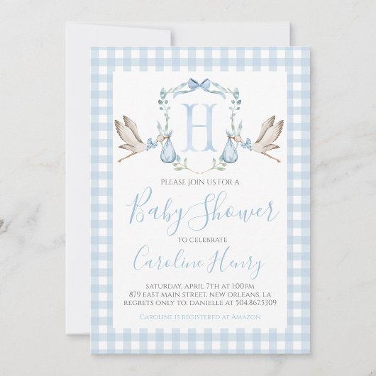 Invitation Baby shower de cigogne Preppy En vichy bleu