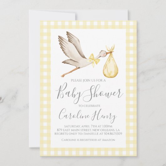 Invitation Baby shower de cigogne Preppy En vichy jaune neutr (Devant)