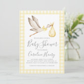 Invitation Baby shower de cigogne Preppy En vichy jaune neutr (Debout devant)