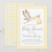 Invitation Baby shower de cigogne Preppy En vichy jaune neutr (Devant / Derrière)