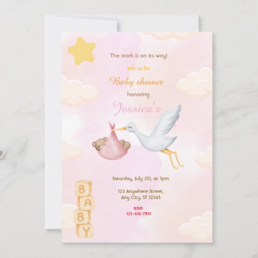 Invitation Baby shower de cigogne rose (Devant)