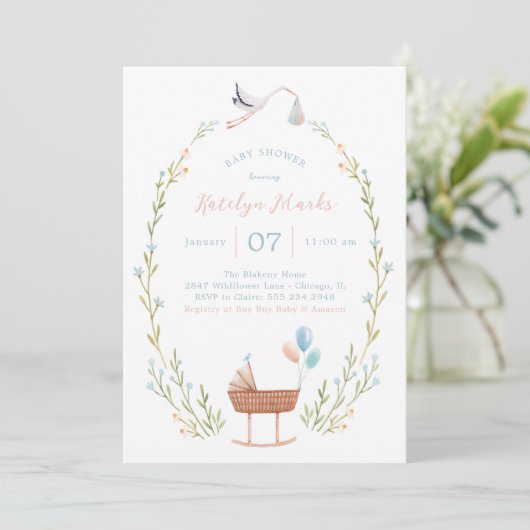 Invitation Baby shower de cigogne rose et bleu (Debout devant)