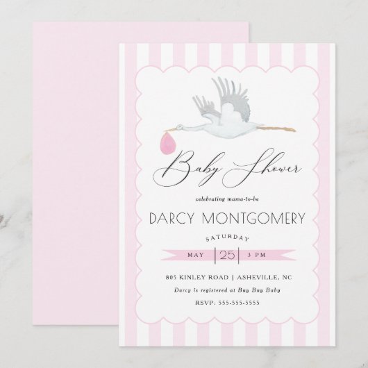 Invitation Baby shower de cigogne rose pour une pe (Devant / Derrière)