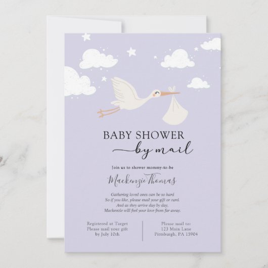 Invitation Baby shower de cigogne violet par courrier (Devant)