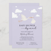 Invitation Baby shower de cigogne violet par courrier (Devant / Derrière)