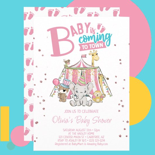 Invitation Baby shower de cirque carnavalesque rose
