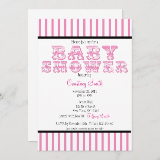 Invitation Baby shower de cirque rose et blanc Invitati (Devant / Derrière)