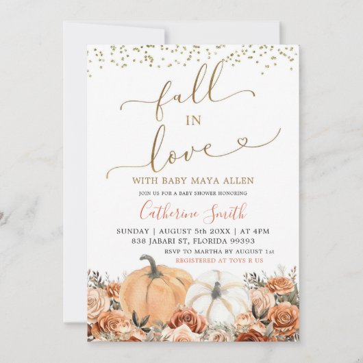 Invitation Baby shower de Citrouille Floral Rustique Burnt Or (Devant)