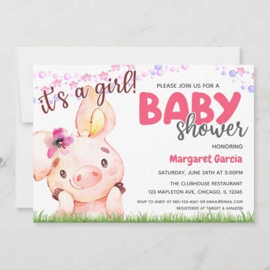 Invitation Baby shower de cochon de fille pour animaux de fer (Devant)
