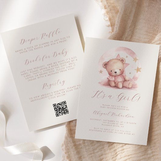 Invitation Baby shower de code QR de fille d'ours d'aquarelle