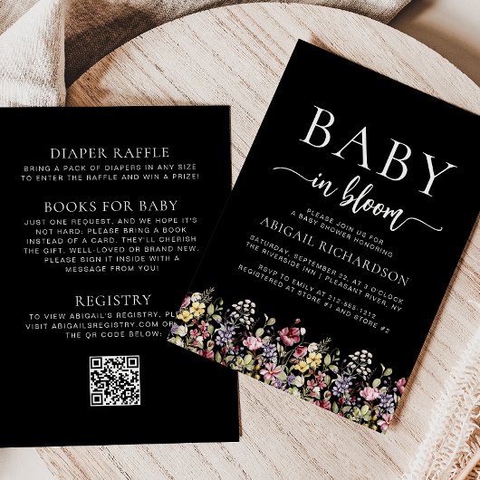 Invitation Baby shower de code QR noir Fleur sauvage Boho