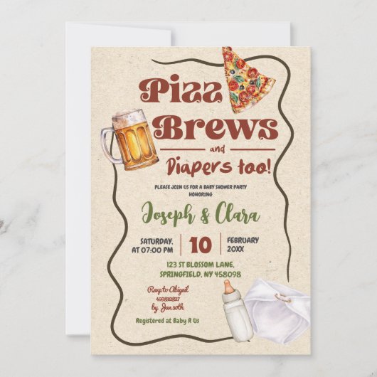 Invitation Baby shower de coEd Pizza Brews and Diapers (Devant)