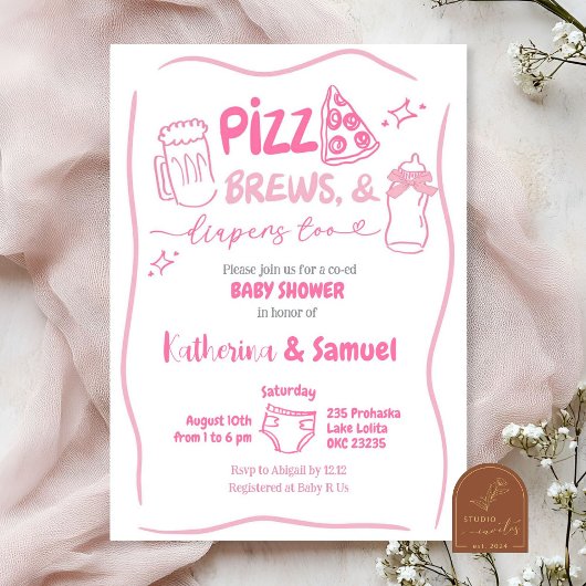 Invitation Baby shower de coEd Pizza, Brews et Diapers roses