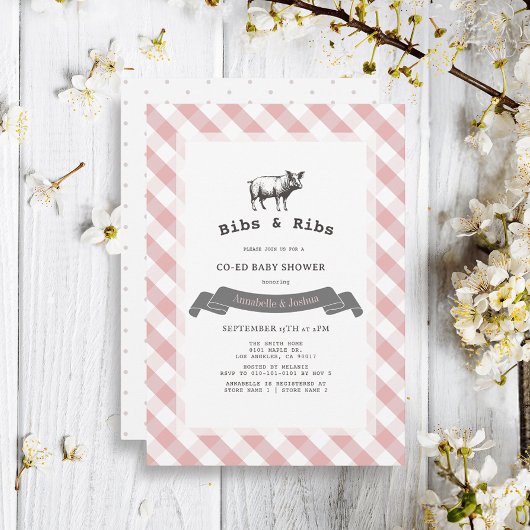 Invitation Baby shower de coEd Rustic Rose En vichy Bibs & Ri