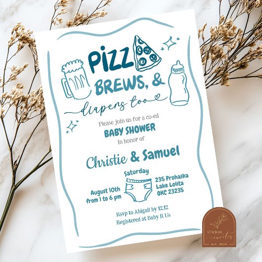 Invitation Baby shower de coédition de Pizza Bleue, Brews et 