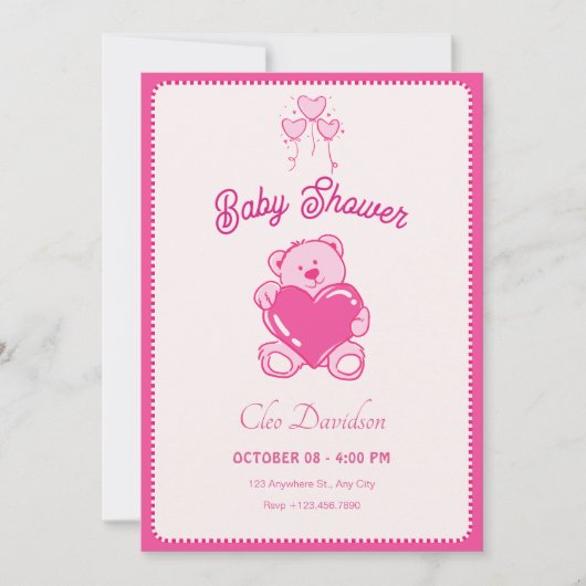 Invitation Baby shower de coeur de poupée rose (Devant)
